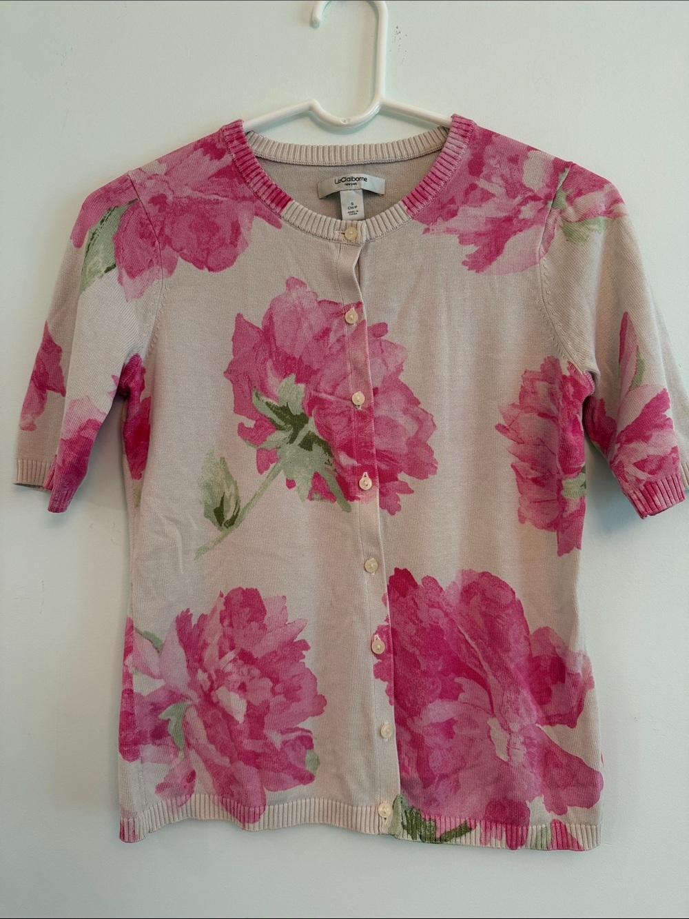 Liz Claiborne Pink Floral Crewneck Cardigan on Cream
